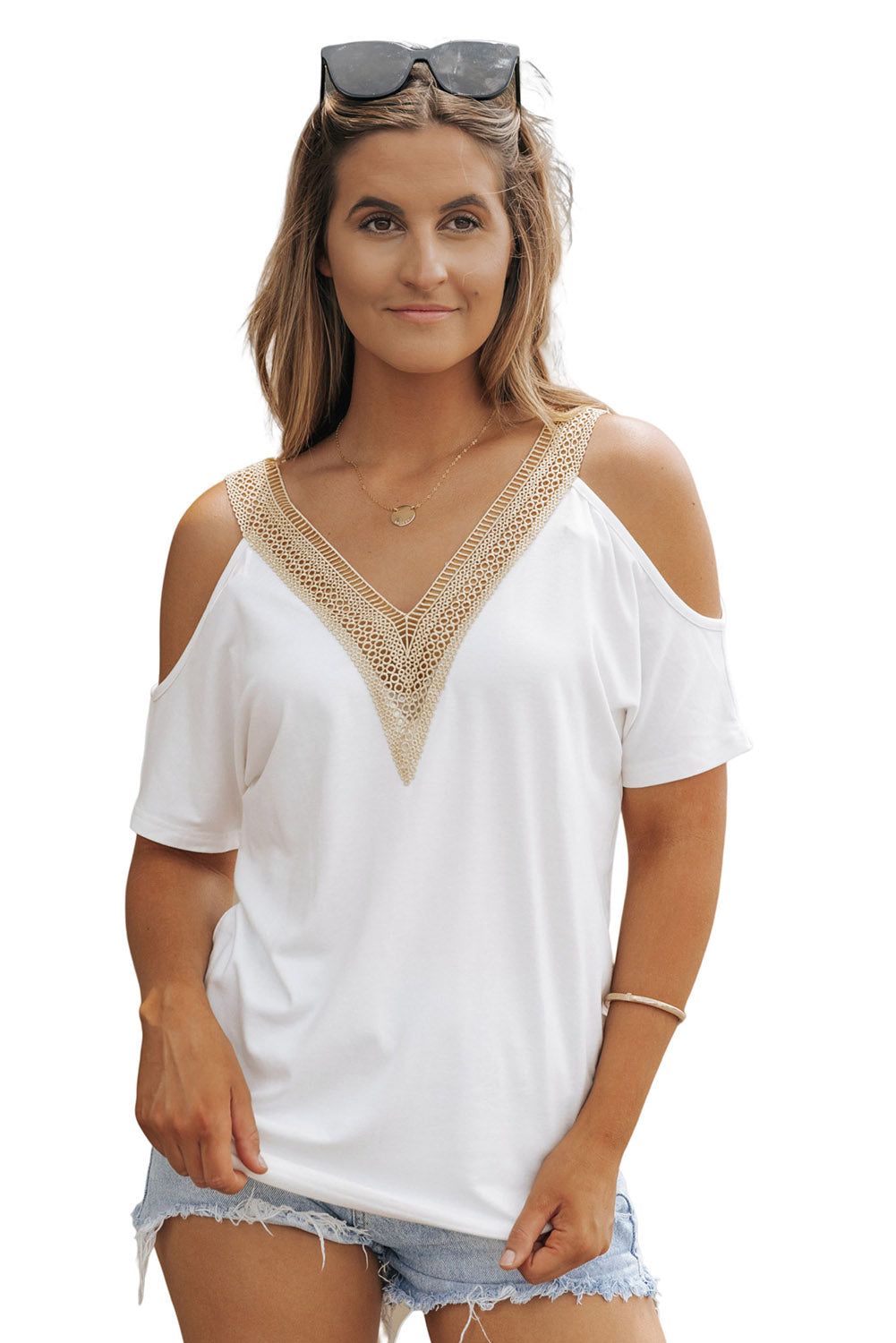 Fiery Red Lace Trim V Neck Short Sleeve Blouse