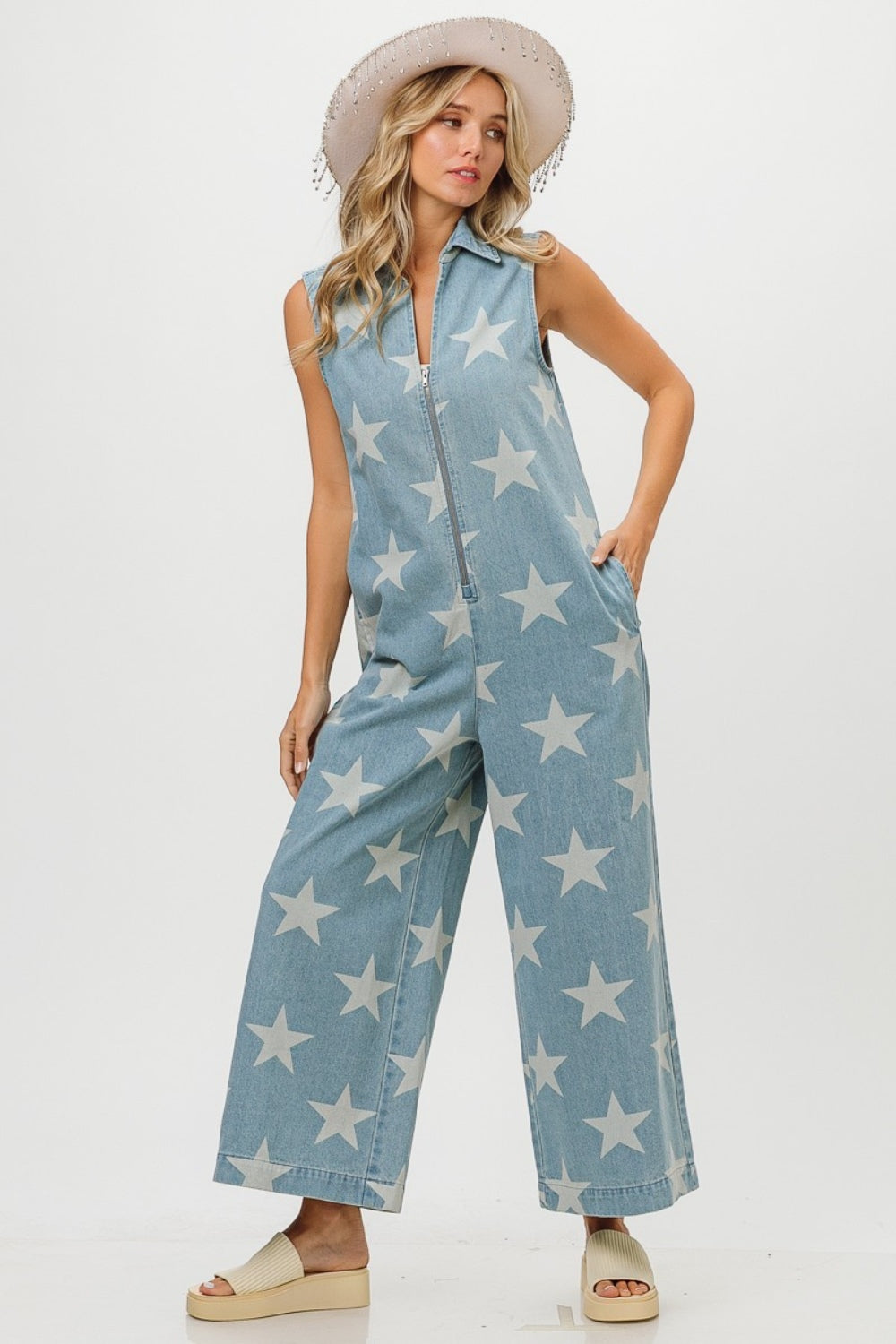 BiBi Star Print Half Zip Sleeveless Denim Jumpsuit