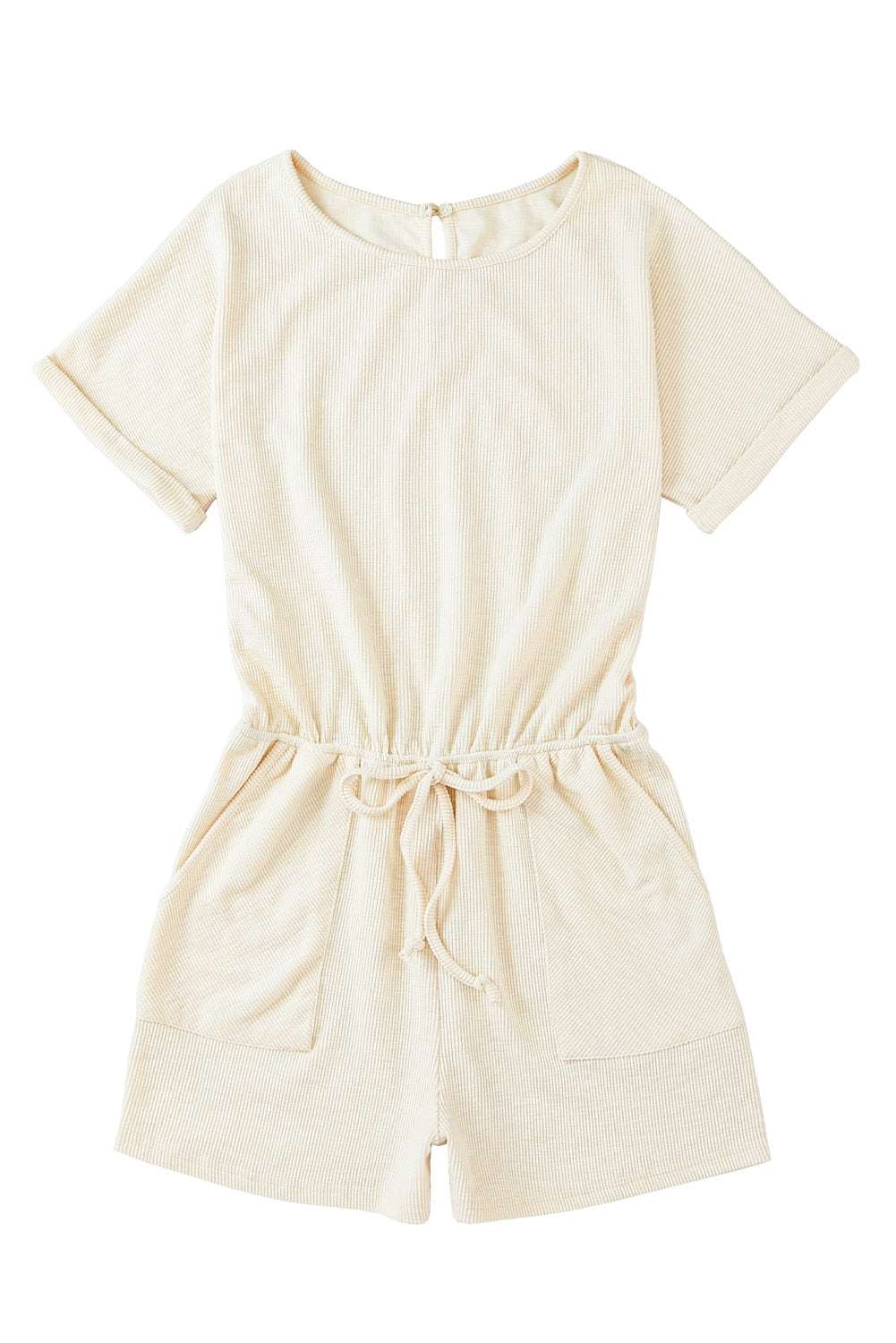 Beige Ribbed Elastic Waist Romper