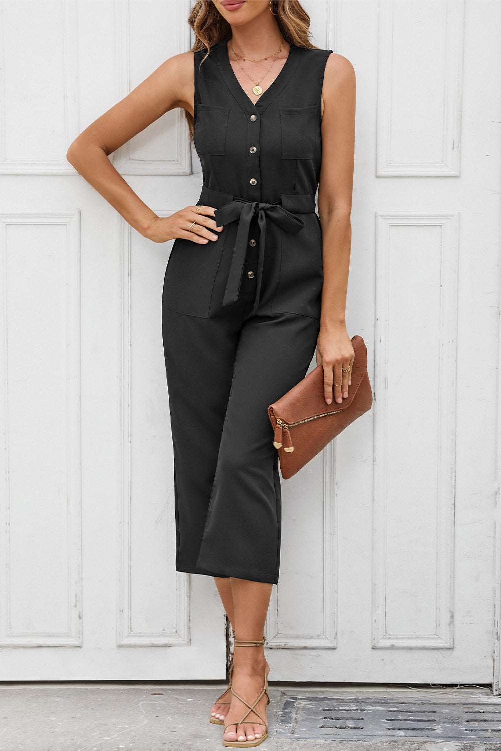 Black Buttoned Sleeveless Cropped Jumpsuit with Sash