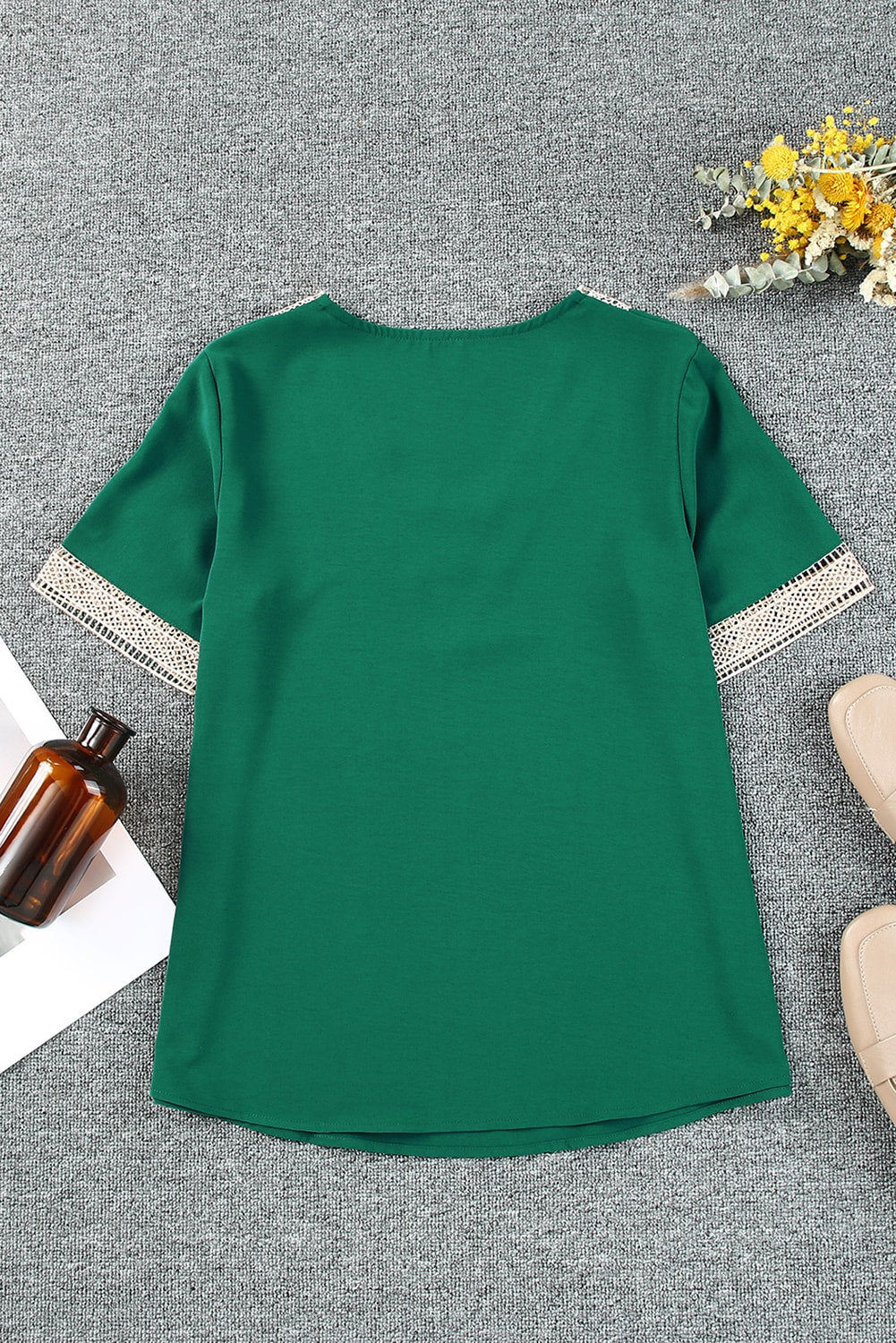 Fiery Red Lace Trim V Neck Short Sleeve Blouse