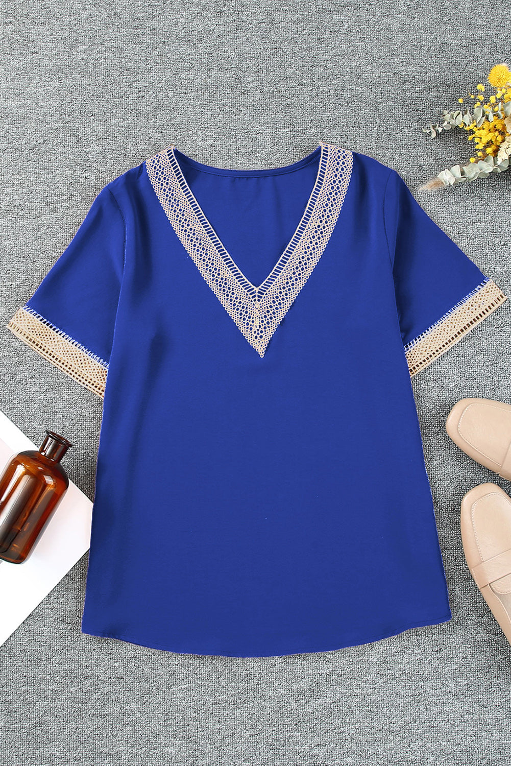 Fiery Red Lace Trim V Neck Short Sleeve Blouse