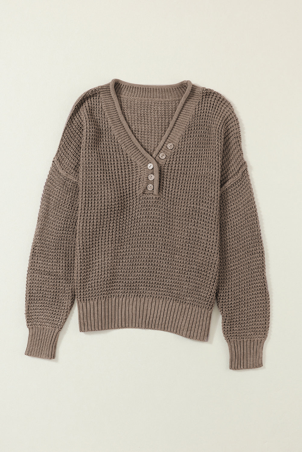 Khaki Pointelle Knit Button V Neck Drop Shoulder Sweater