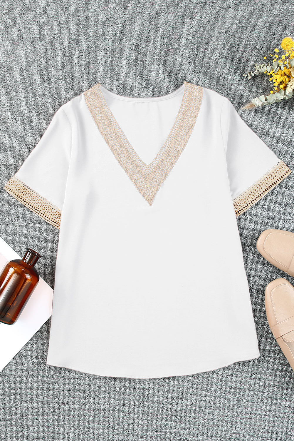 Fiery Red Lace Trim V Neck Short Sleeve Blouse