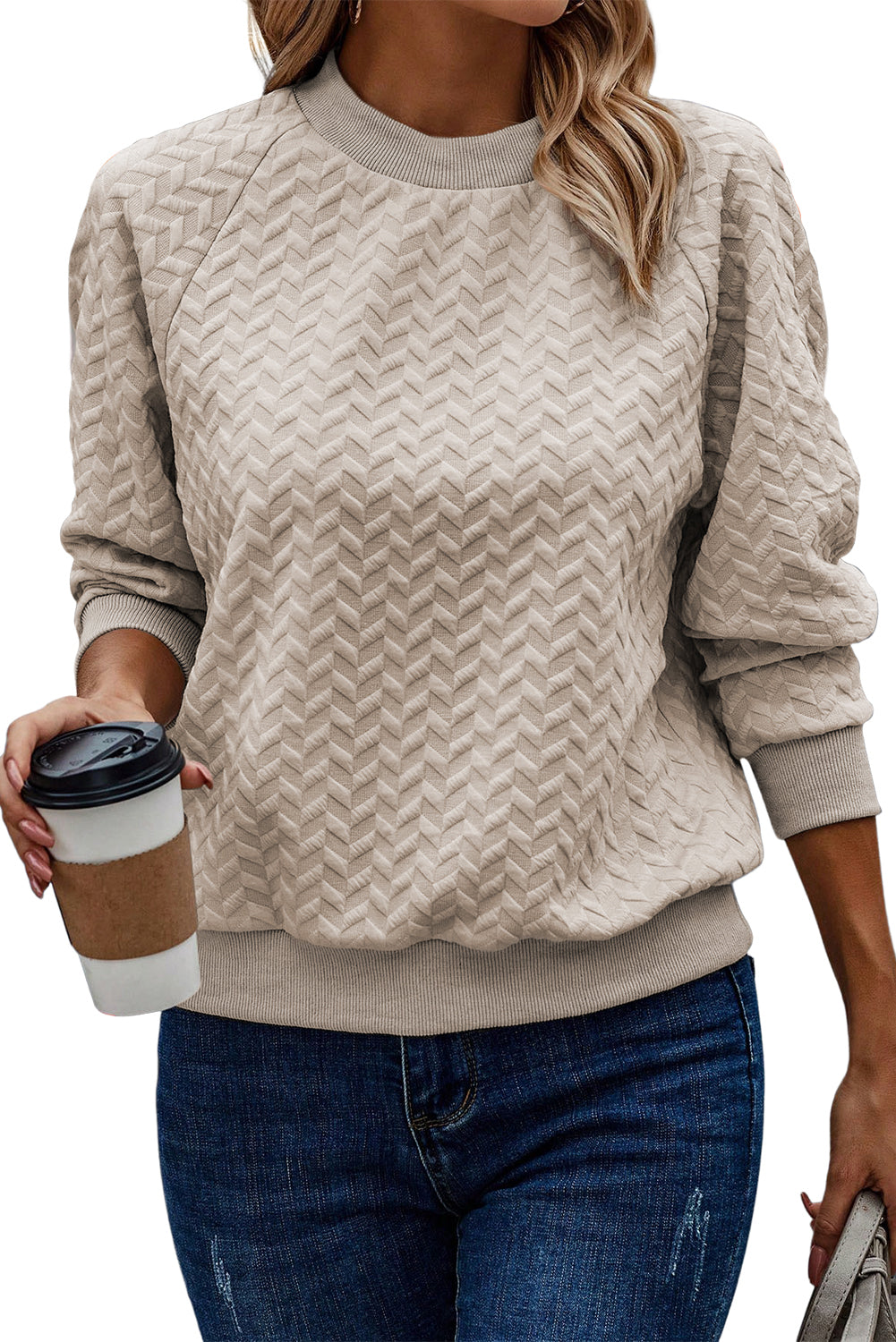 Chestnut Solid Textured Raglan Sleeve Pullover Sweatshirt