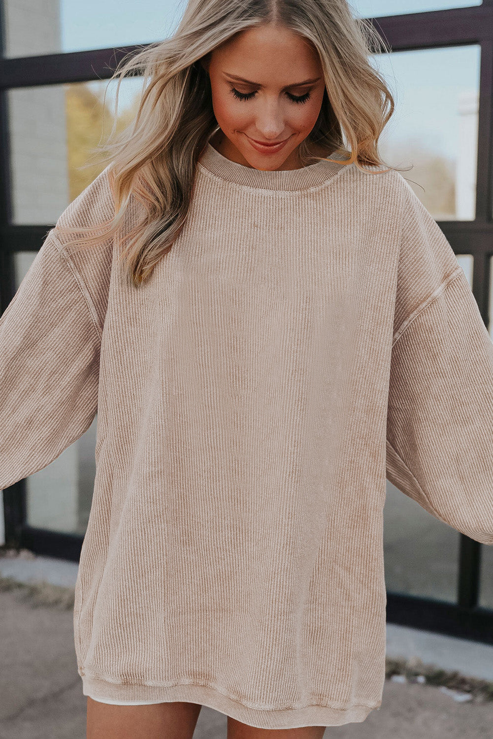 Apricot Ribbed Corded Oversized Sweatshirt