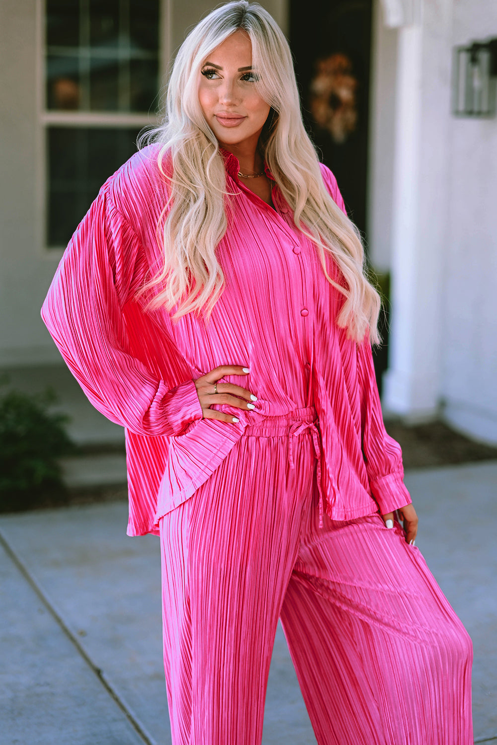 Rose 3/4 Sleeves Pleated Shirt and High Waist Shorts Lounge Set