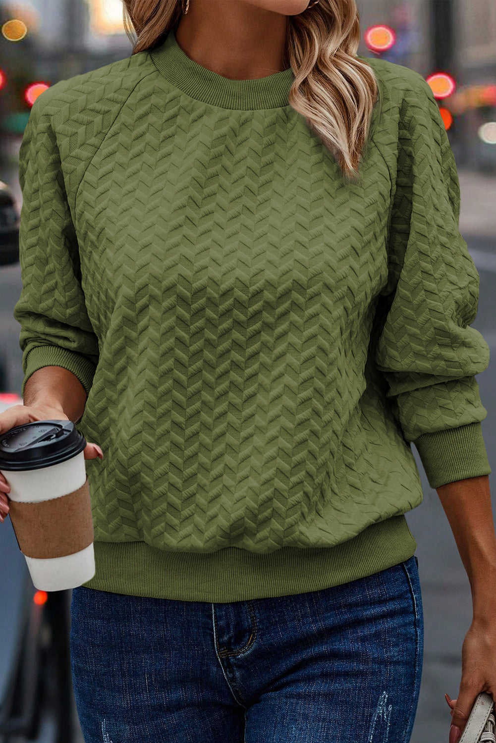 Chestnut Solid Textured Raglan Sleeve Pullover Sweatshirt