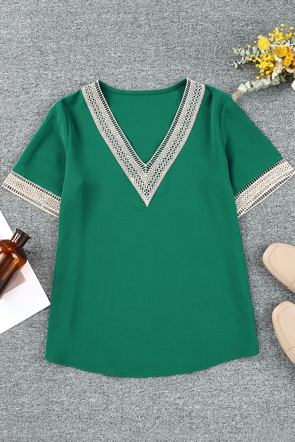 Fiery Red Lace Trim V Neck Short Sleeve Blouse