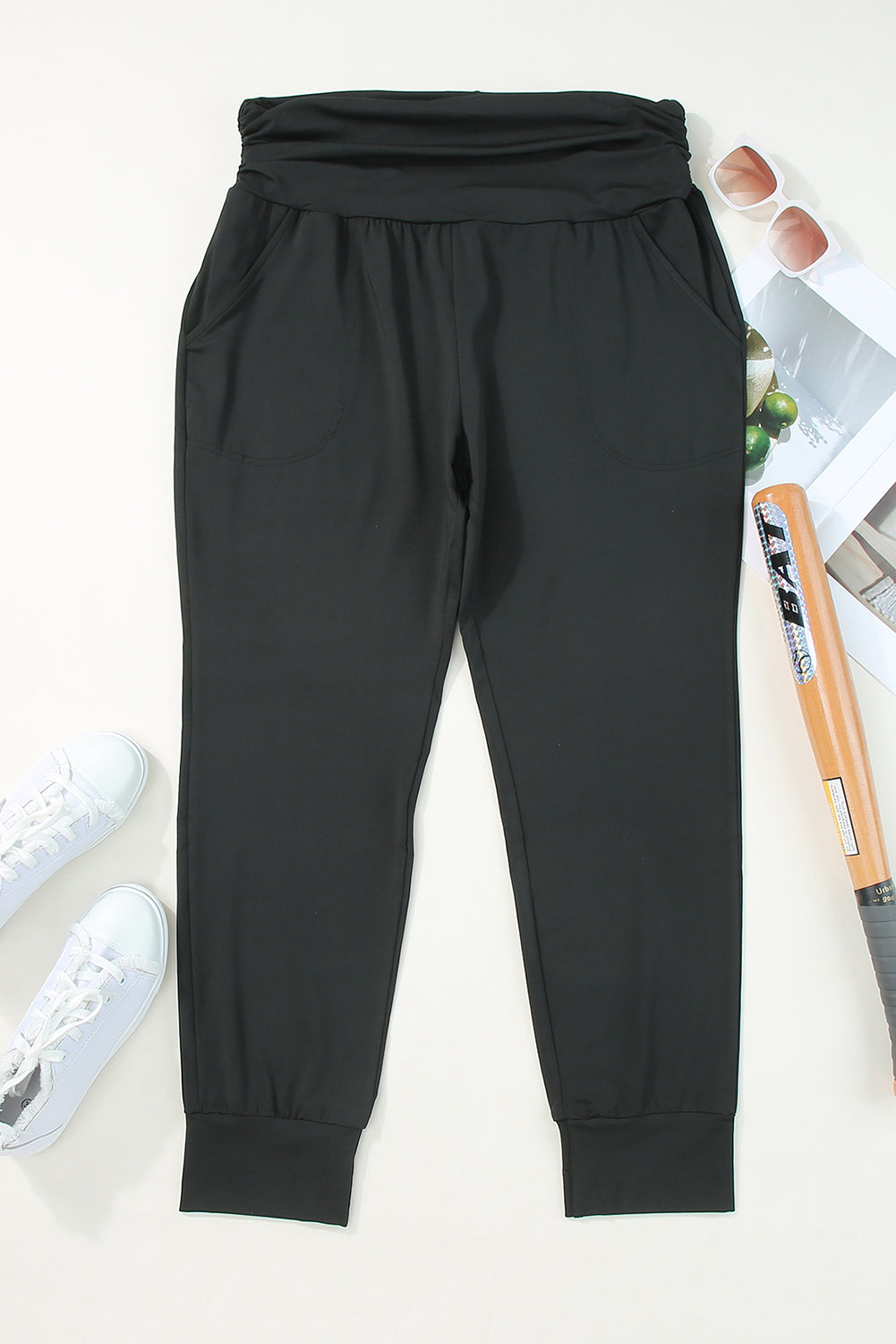 Black High Waist Pleated Pocket Leggings