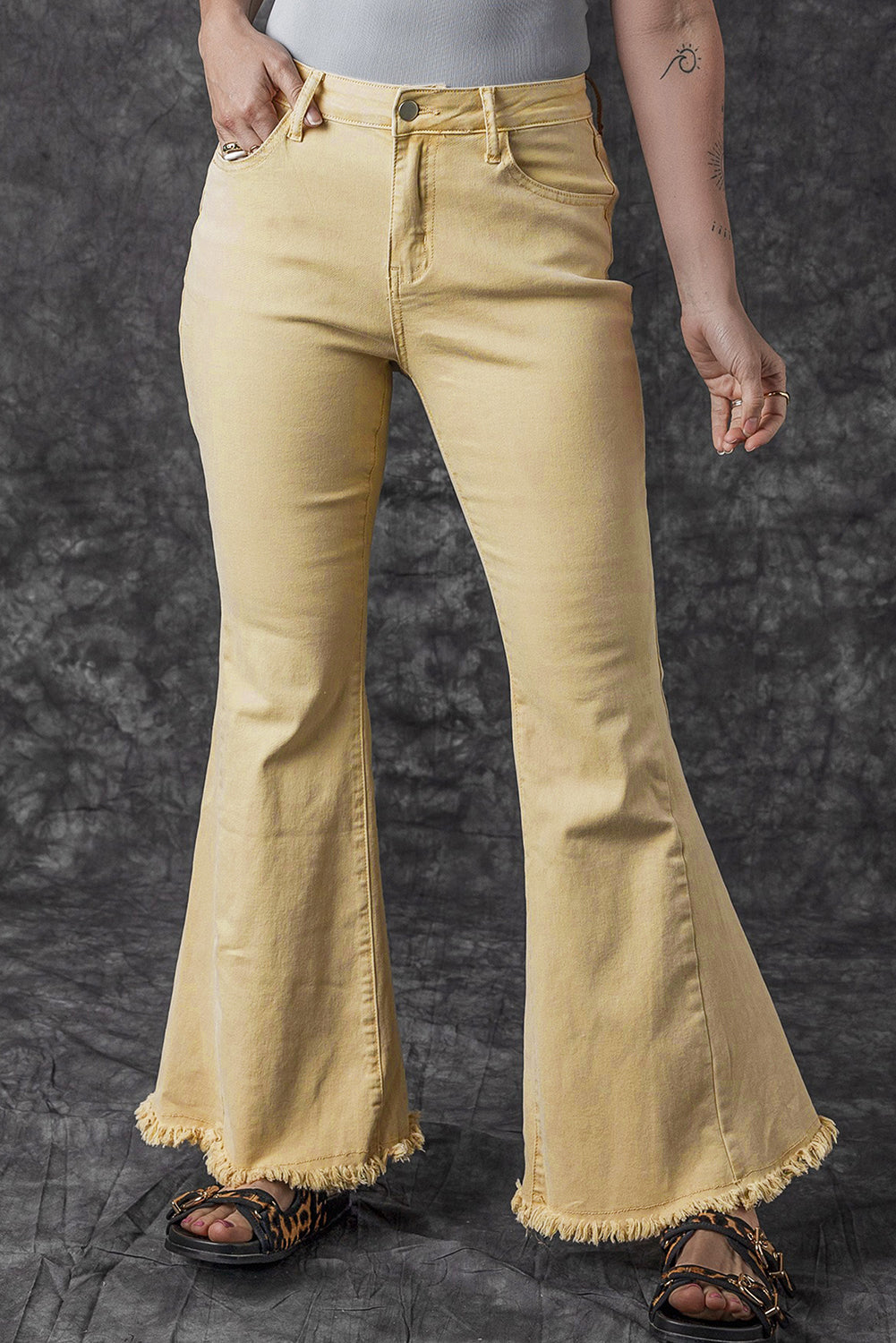 Khaki Raw Edge Mid Waist Flared Jeans