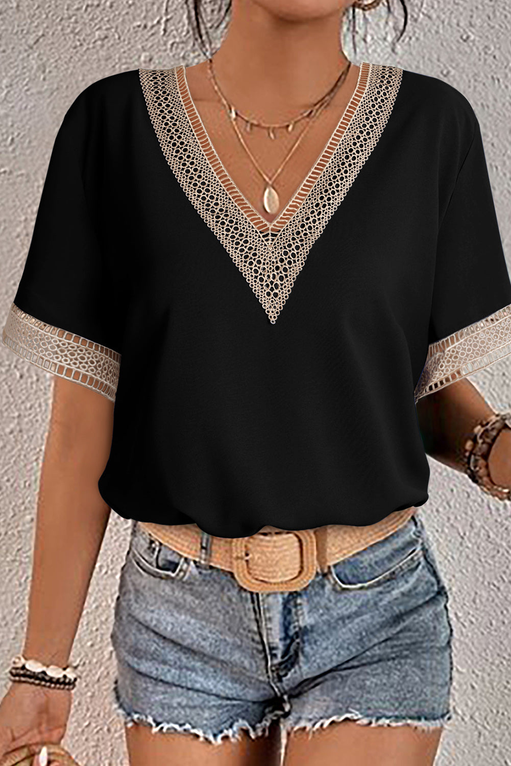 Fiery Red Lace Trim V Neck Short Sleeve Blouse