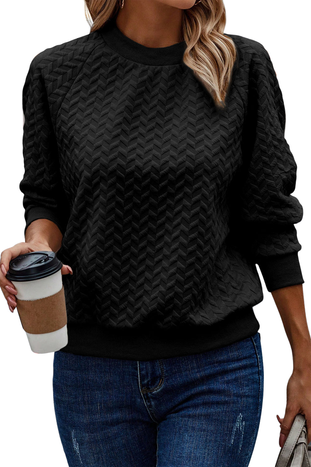 Chestnut Solid Textured Raglan Sleeve Pullover Sweatshirt