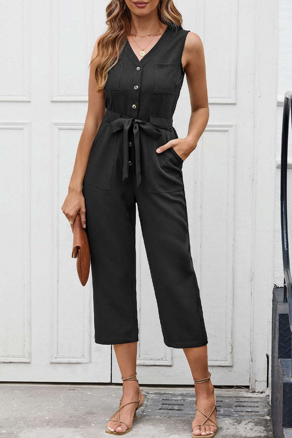 Black Buttoned Sleeveless Cropped Jumpsuit with Sash