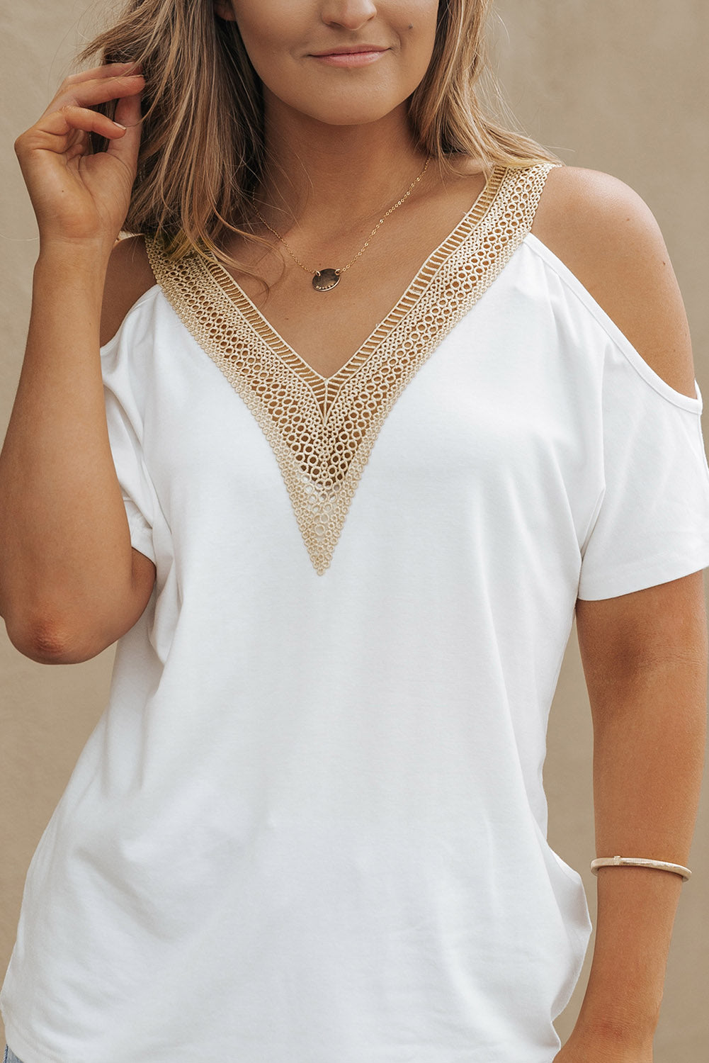 Fiery Red Lace Trim V Neck Short Sleeve Blouse