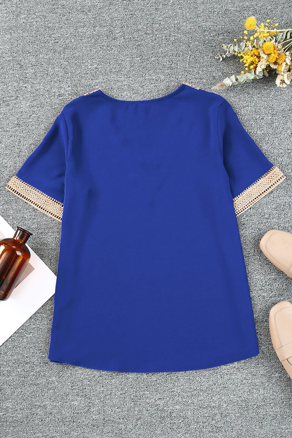 Fiery Red Lace Trim V Neck Short Sleeve Blouse