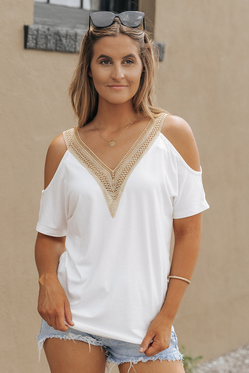 Fiery Red Lace Trim V Neck Short Sleeve Blouse