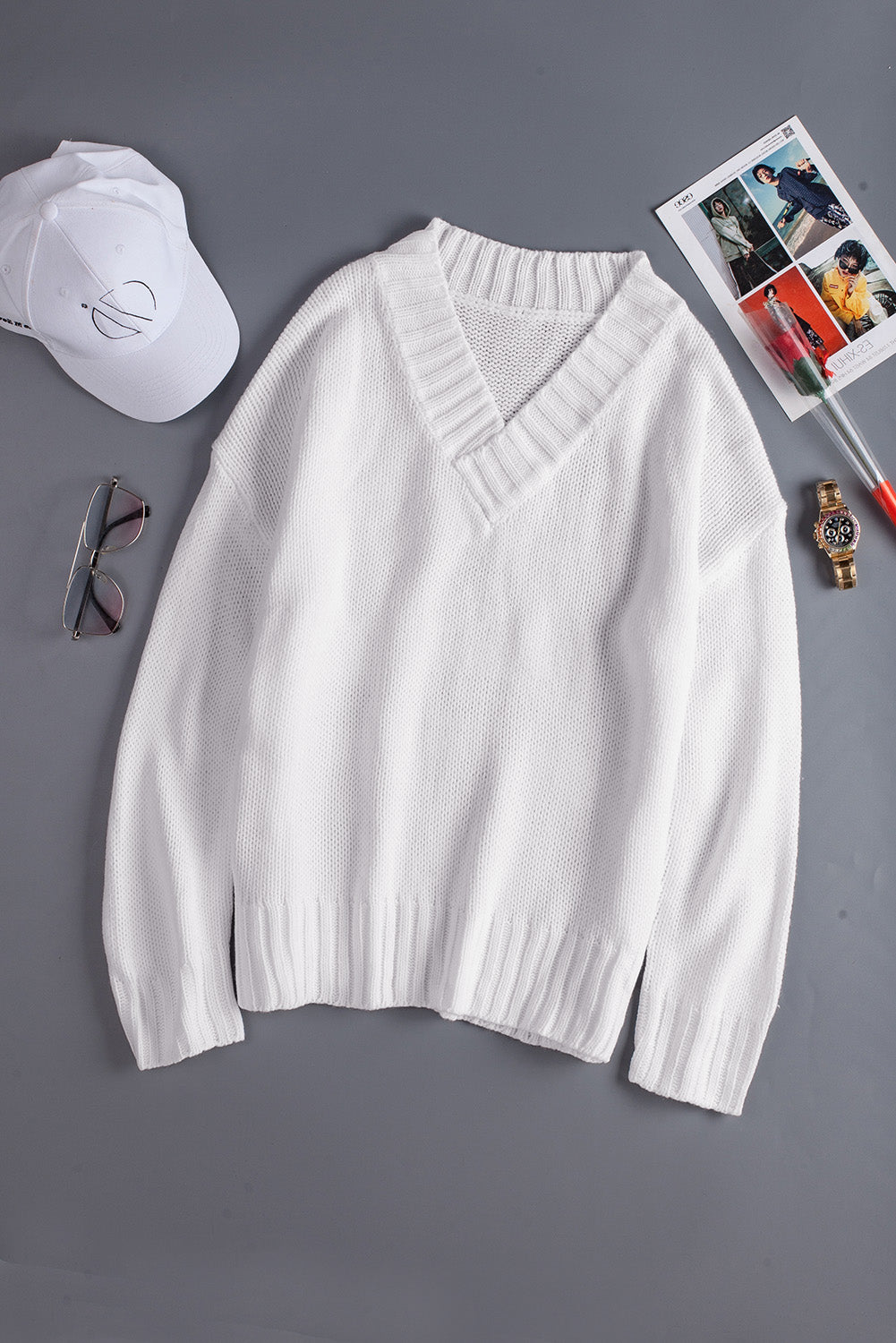 Gray V neck Drop Shoulder Knitted Sweater