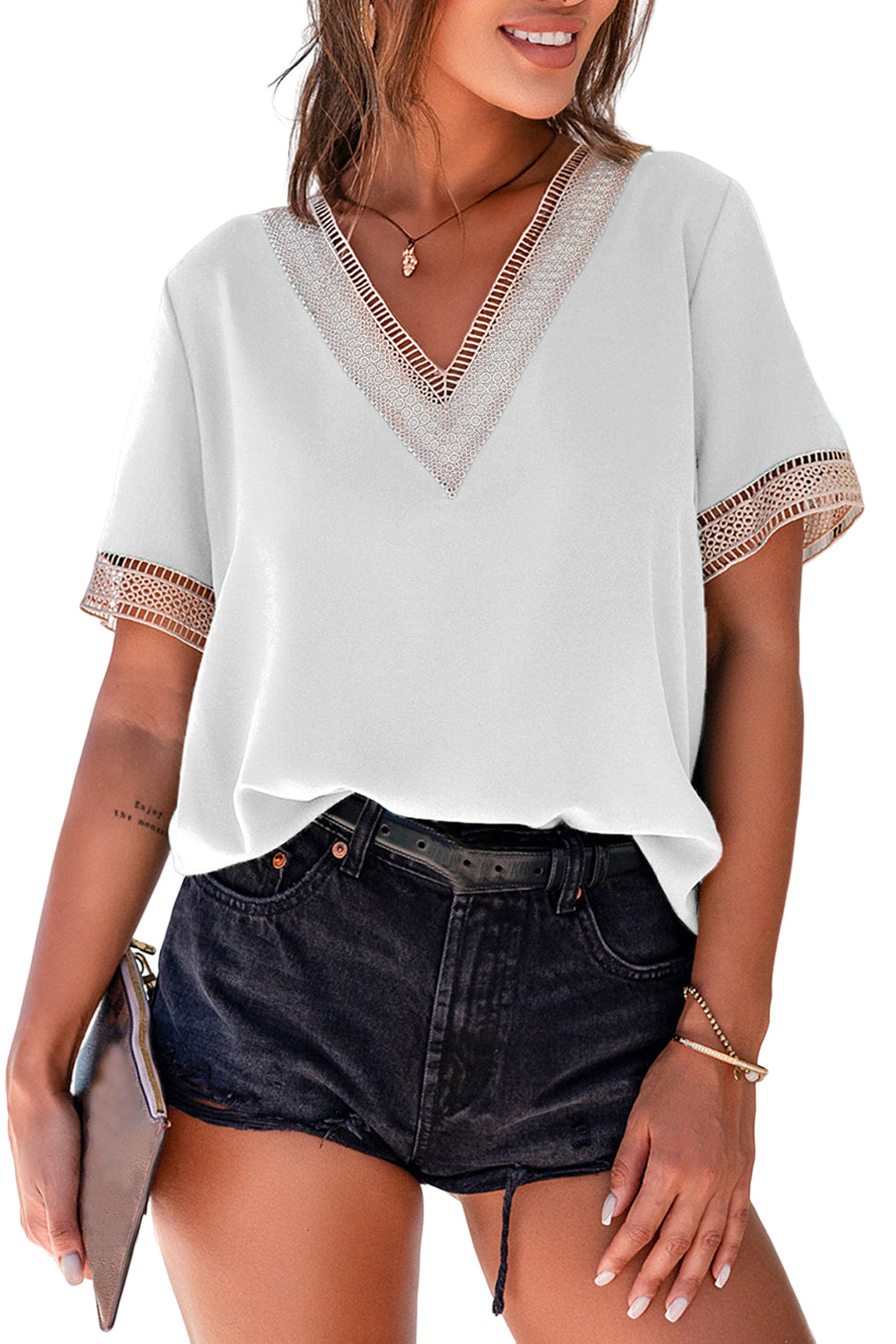 Fiery Red Lace Trim V Neck Short Sleeve Blouse