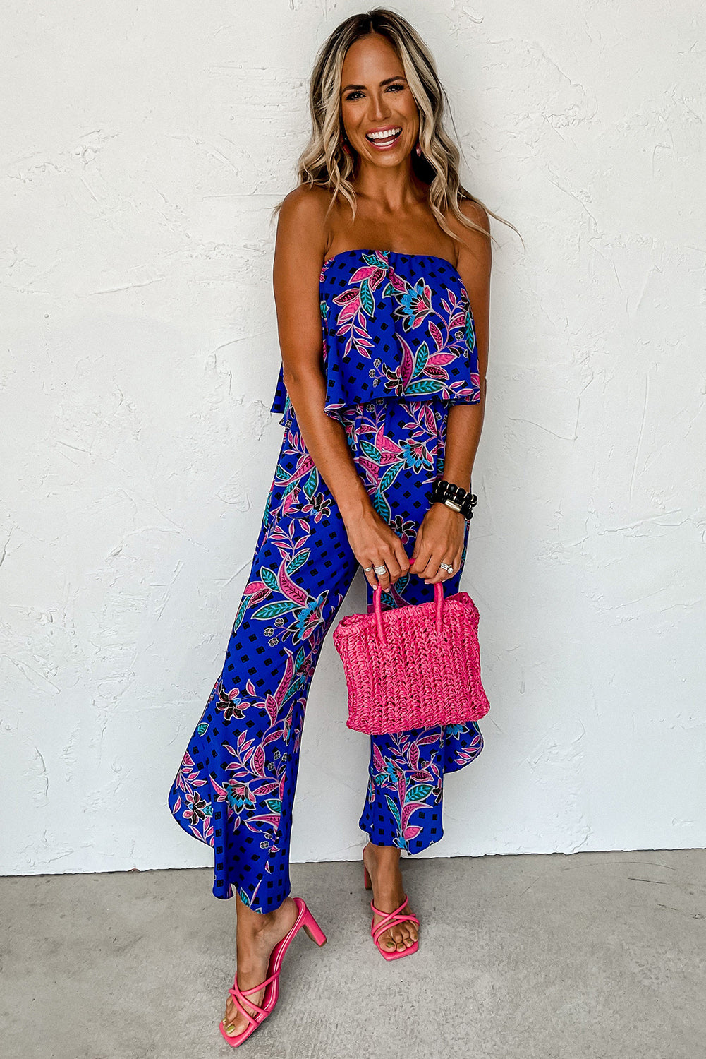 Blue Mix Tropical Print Strapless Ruffled Jumpsuit