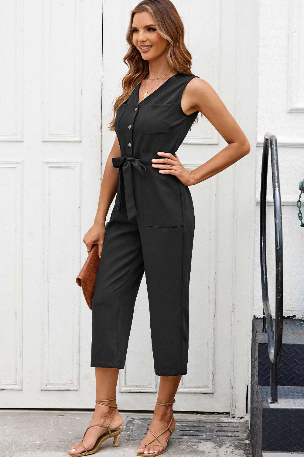 Black Buttoned Sleeveless Cropped Jumpsuit with Sash