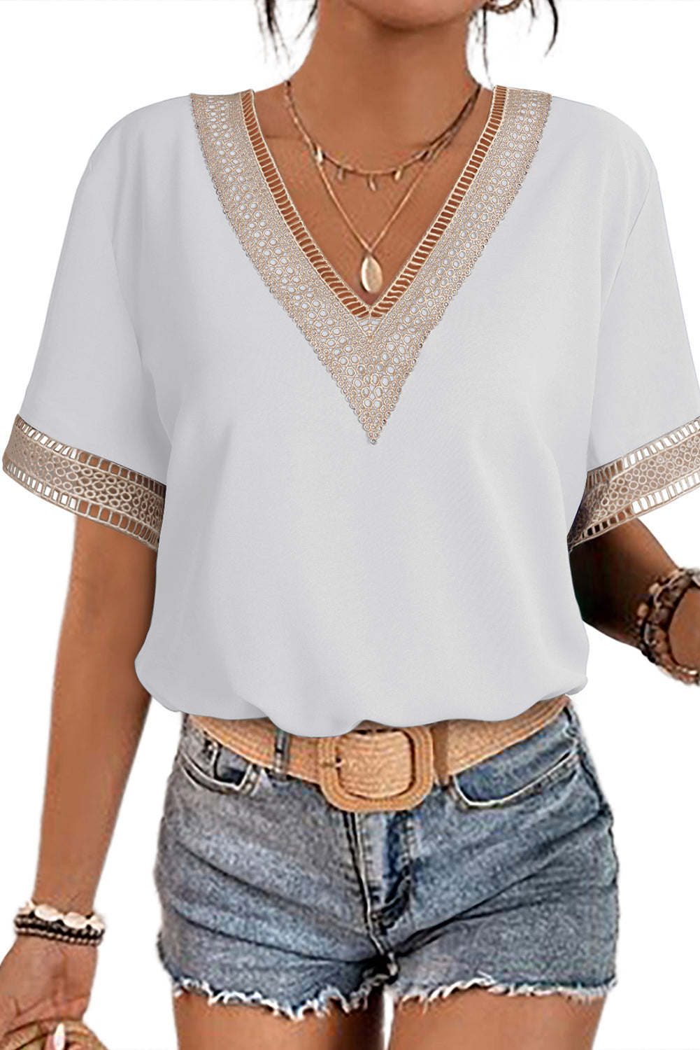 Fiery Red Lace Trim V Neck Short Sleeve Blouse