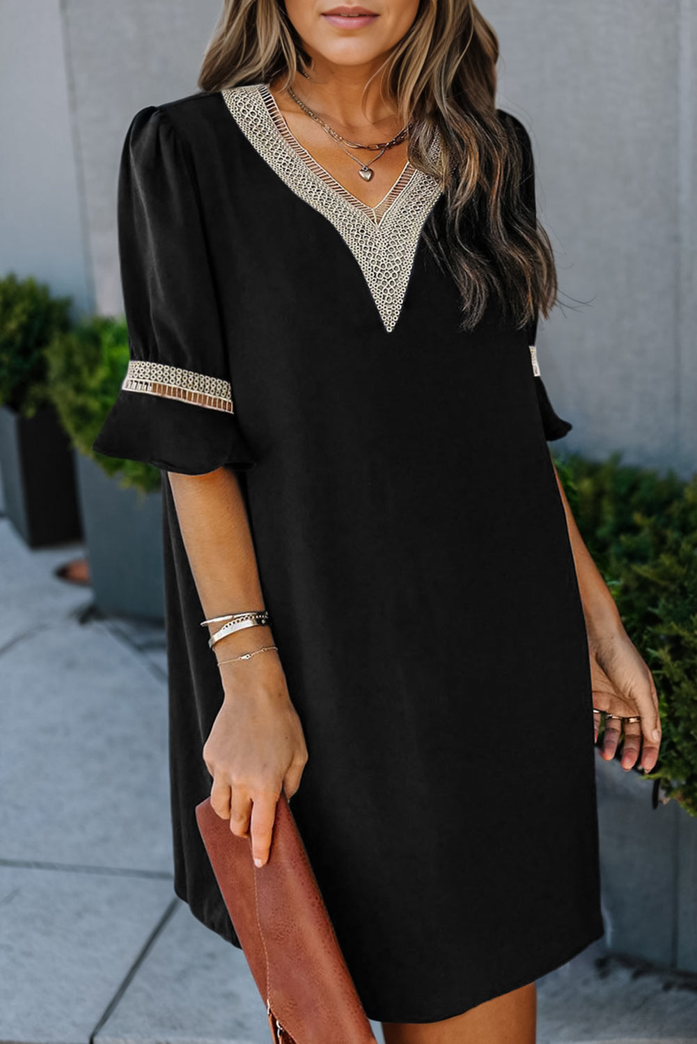 Fiery Red Lace Trim V Neck Short Sleeve Blouse