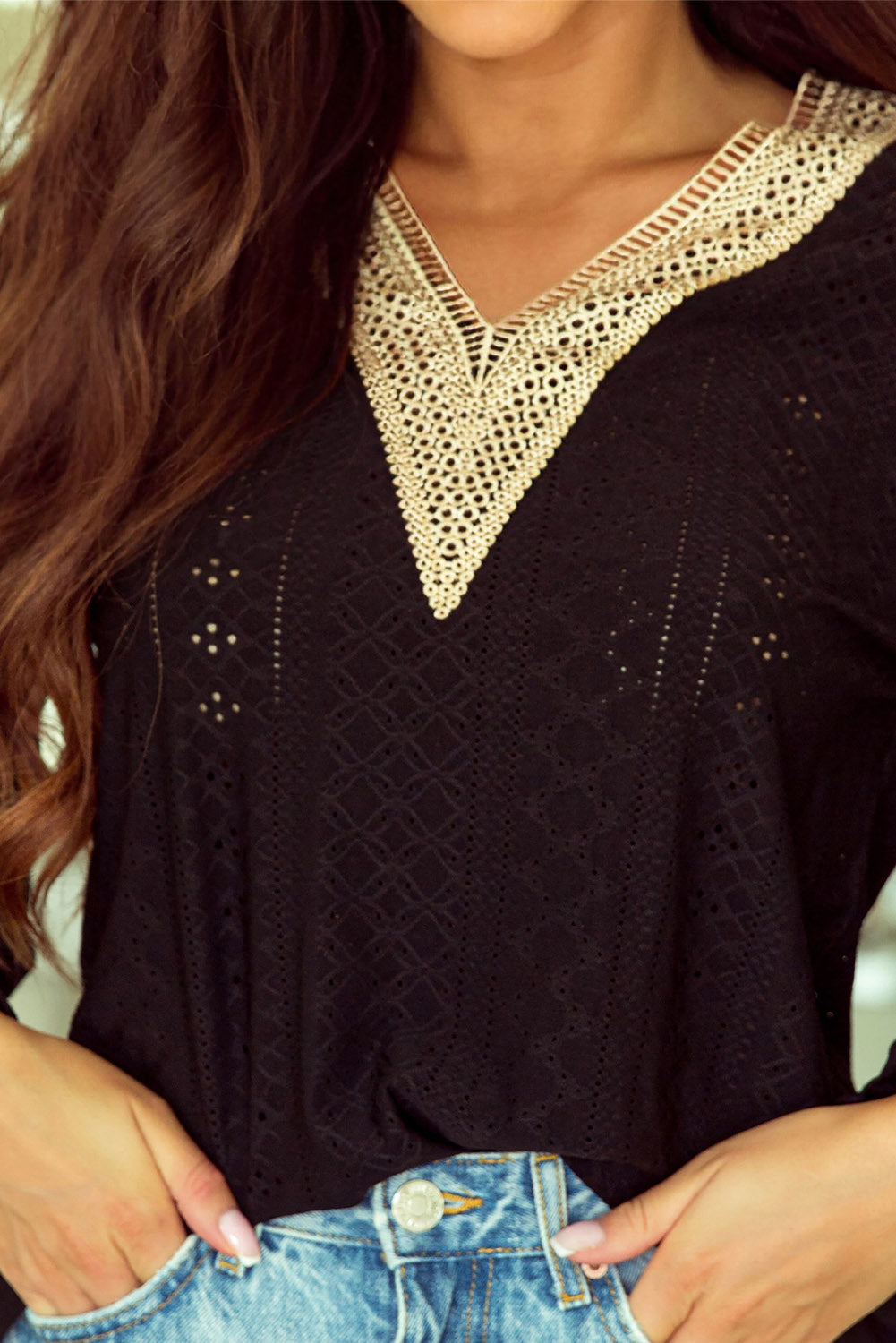 Fiery Red Lace Trim V Neck Short Sleeve Blouse