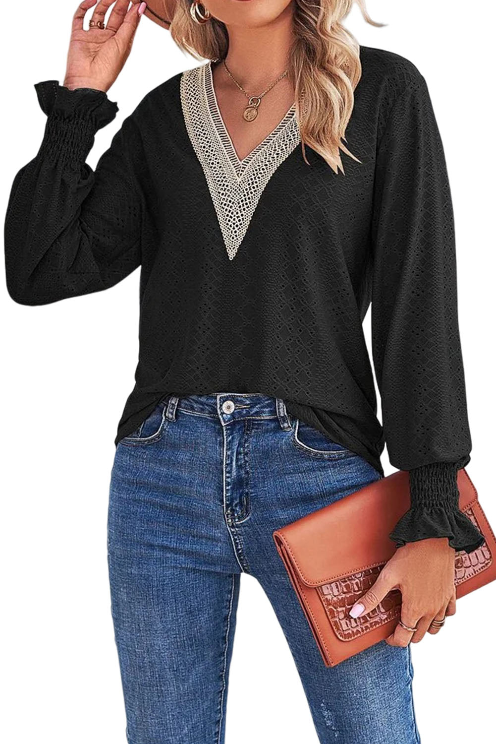 Fiery Red Lace Trim V Neck Short Sleeve Blouse