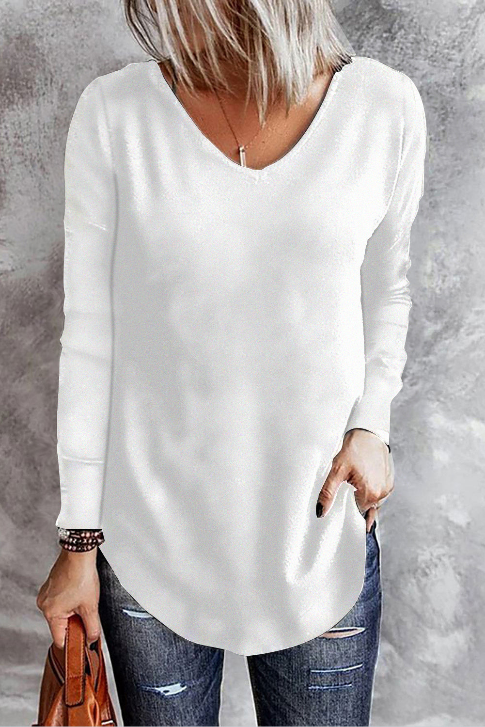 White Solid Color V Neck Long Sleeve Knit Top