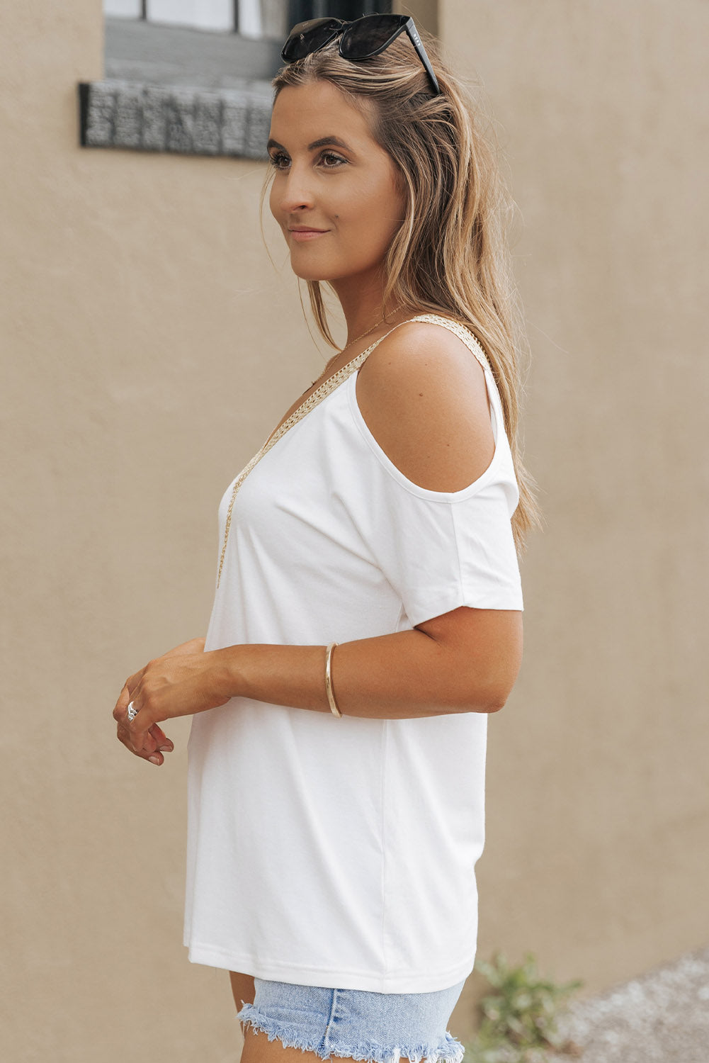 Fiery Red Lace Trim V Neck Short Sleeve Blouse