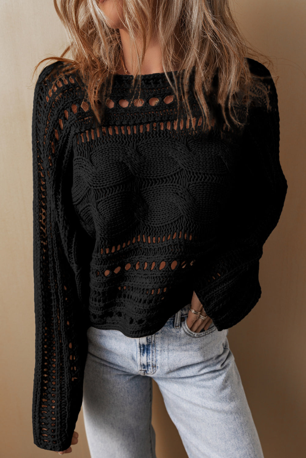 Smoke Gray Hollow-out Cable Knit Cropped Sweater