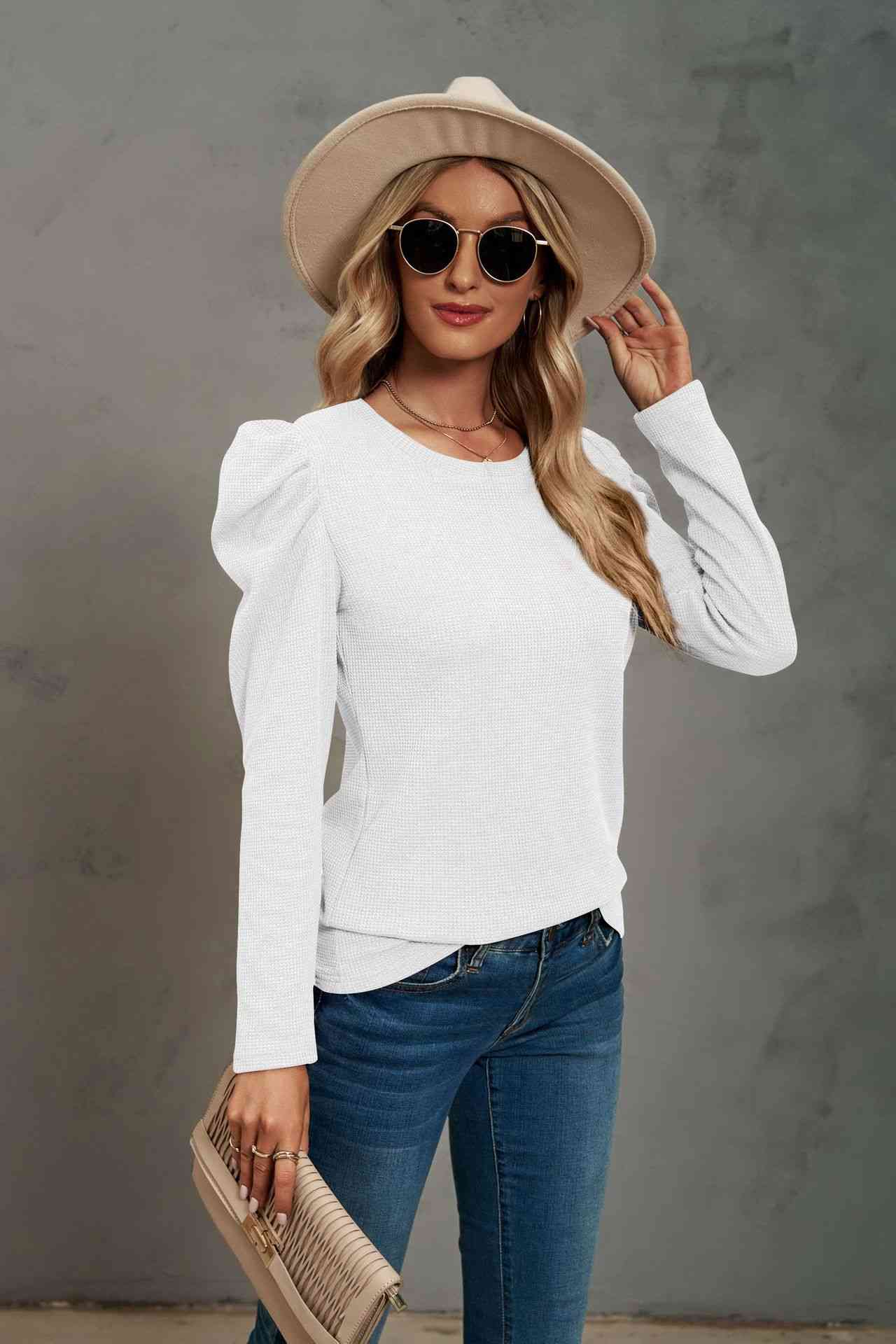 Waffle-Knit Puff Sleeve Round Neck Top