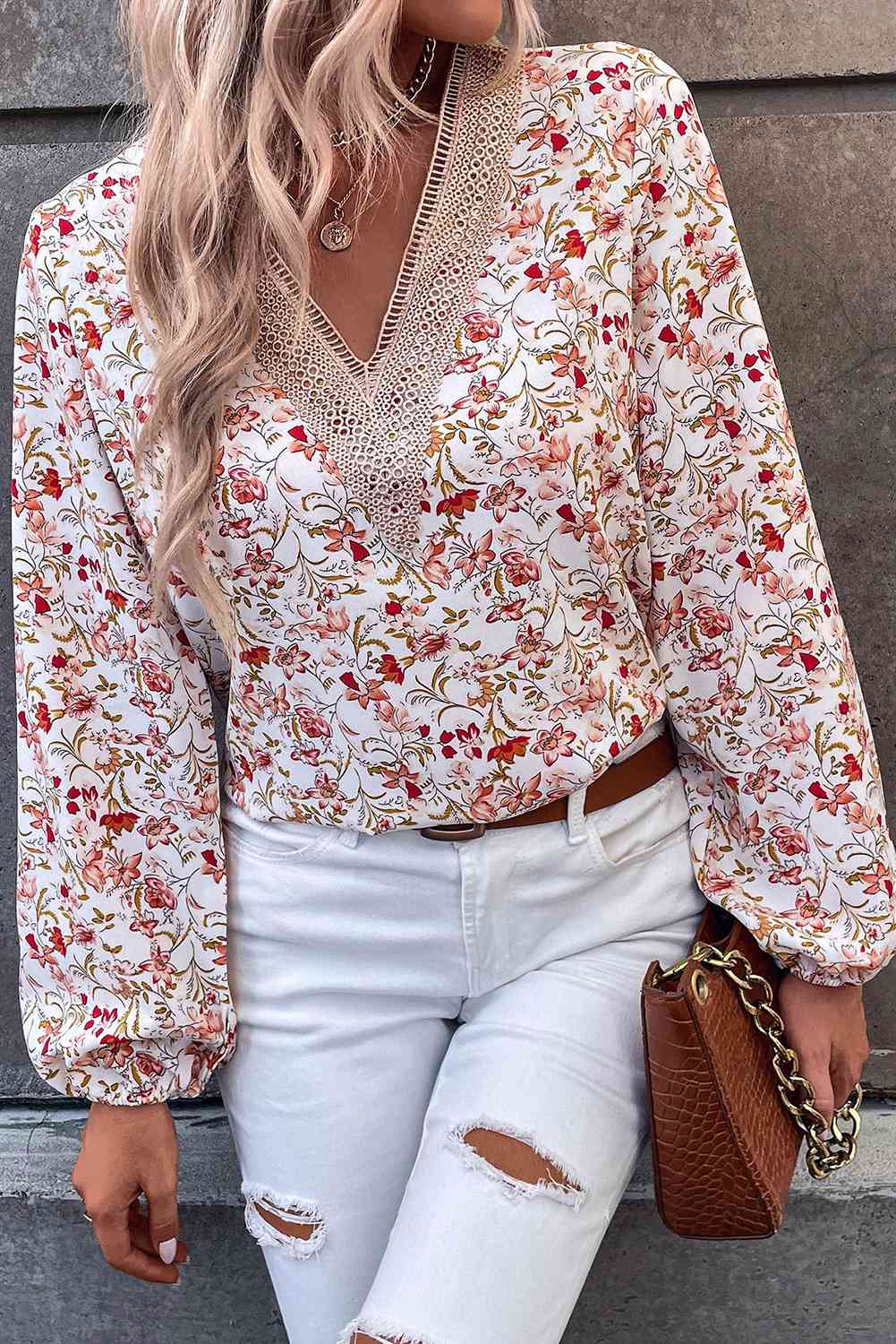 Printed V-Neck Long Sleeve Blouse