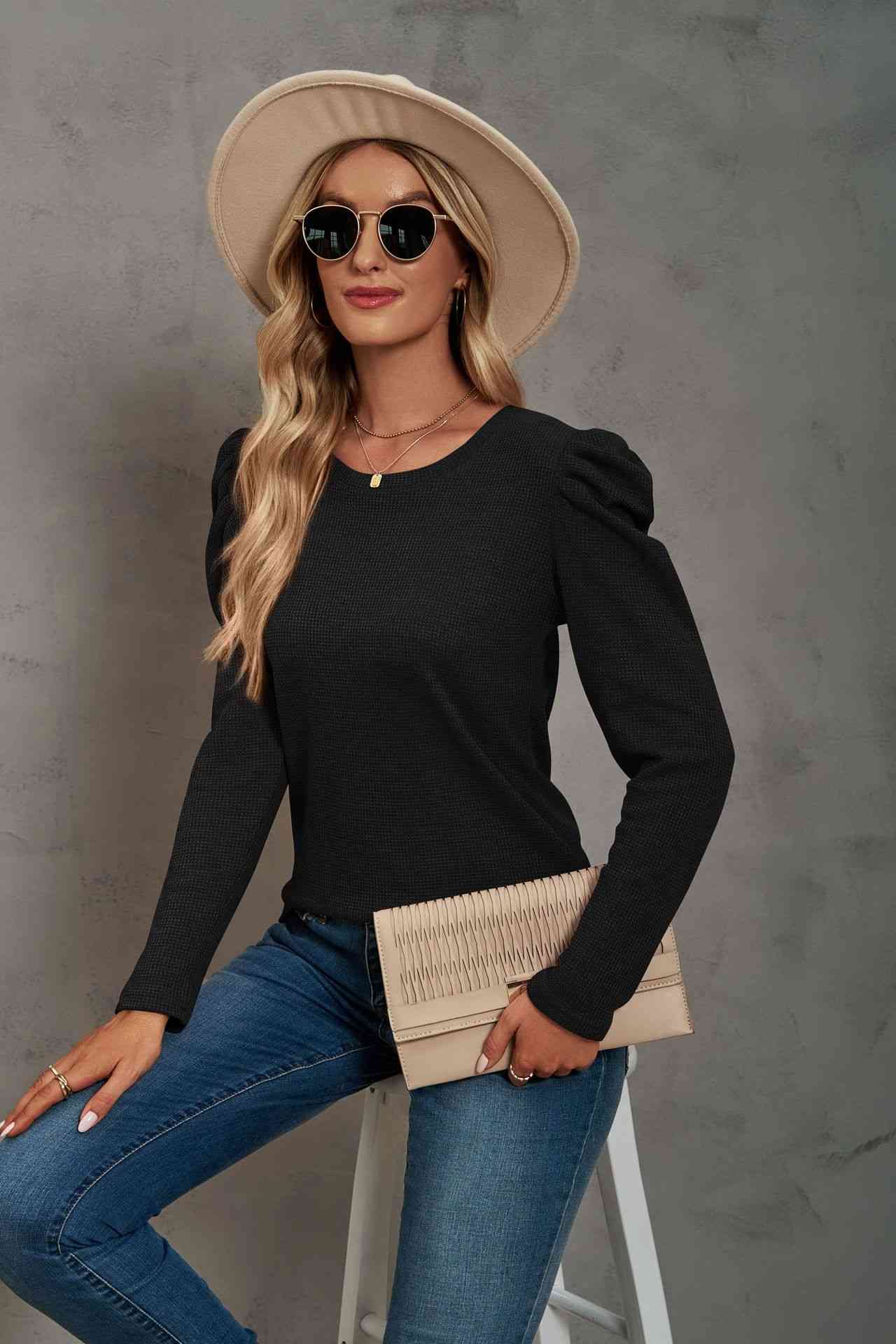 Waffle-Knit Puff Sleeve Round Neck Top