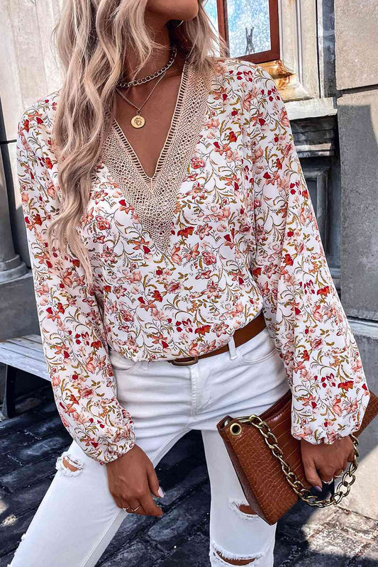 Printed V-Neck Long Sleeve Blouse