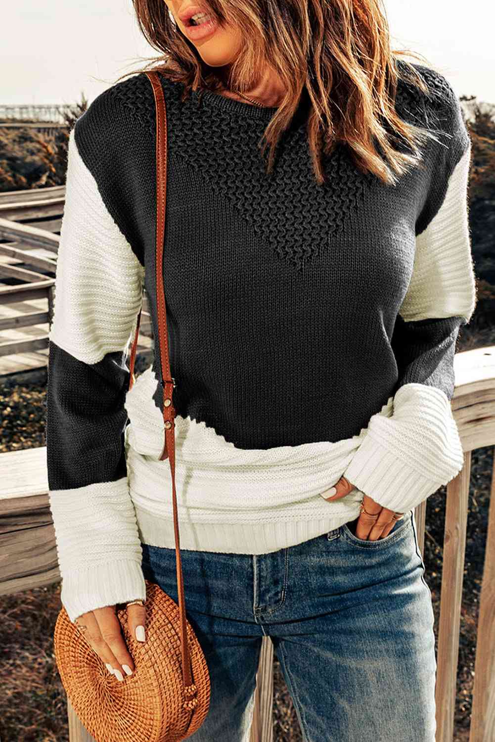 Woven Right Two-Tone Openwork Rib-Knit Sweater