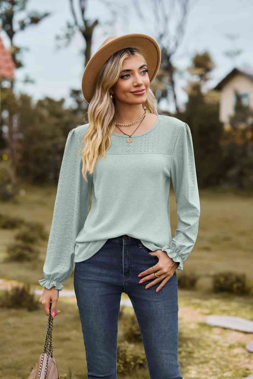 Round Neck Puff Sleeve Blouse