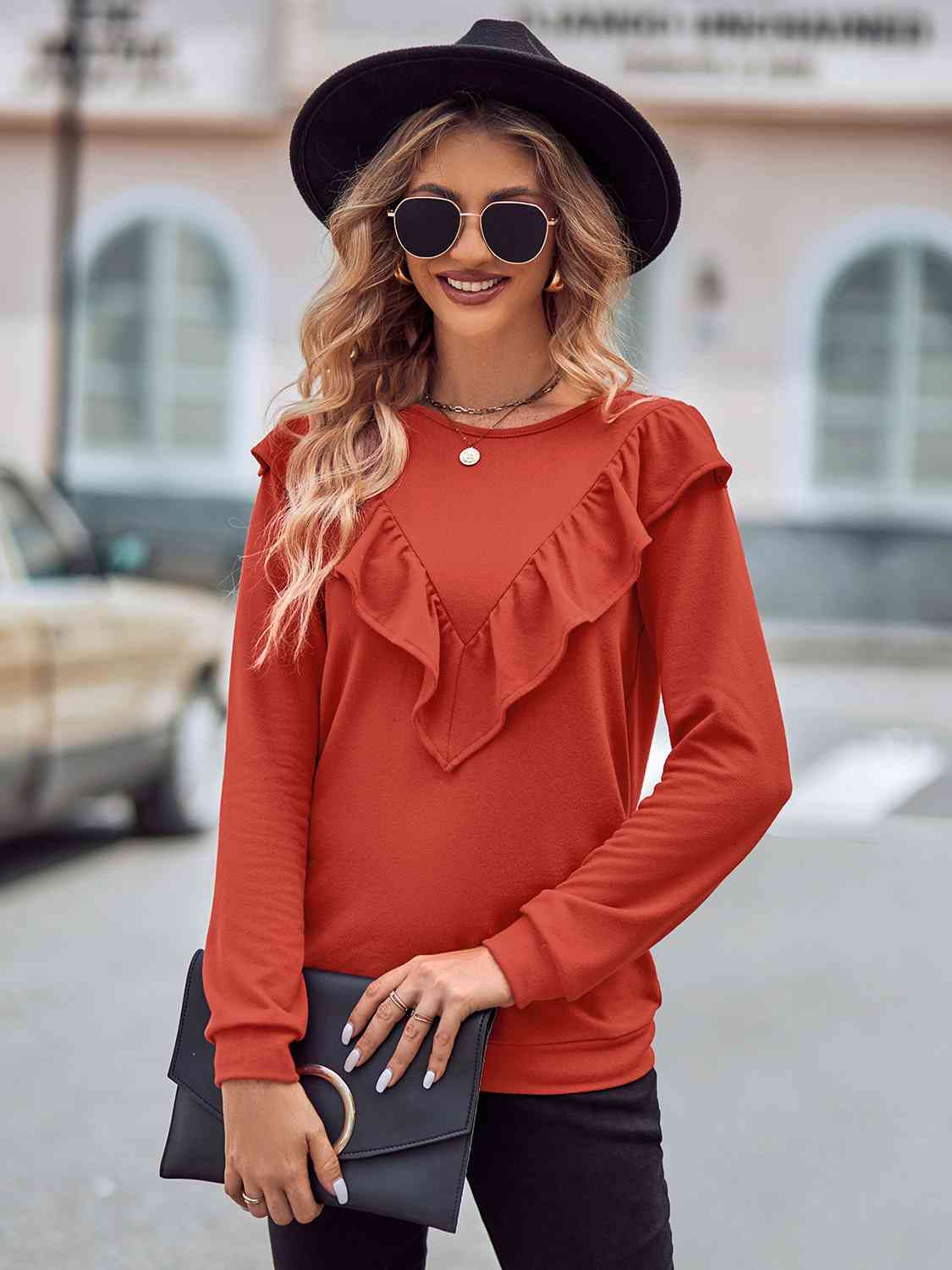 Ruffled Round Neck Long Sleeve Top