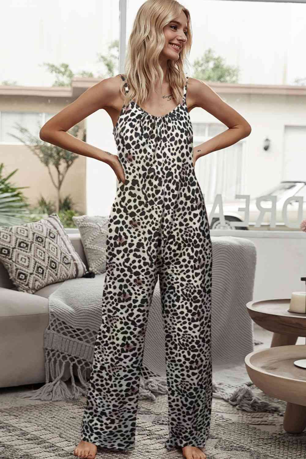 Animal Print Spaghetti Strap Jumpsuit with Pockets