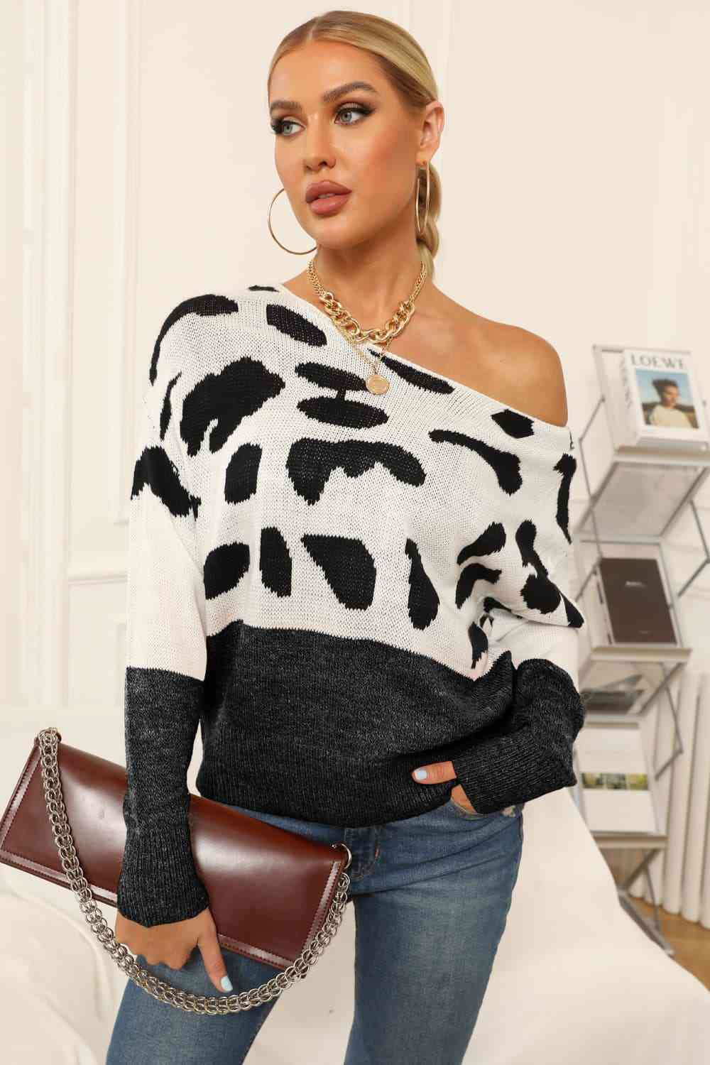 Full Size Two-Tone Boat Neck Sweater