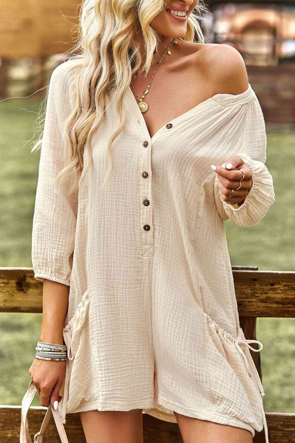 Textured Notched Neck Romper with Pockets